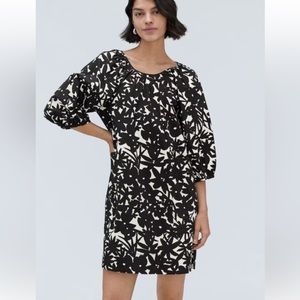 Everlane The Seersucker Puff Sleeve Black/White Floral Dress Size M NWT